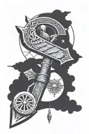 Ankh shaped dagger, egyptian scarab as the hand guard. Scale hanging from sides of the guard, moon and sun on scales tattoo design idea