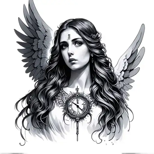 time, gothic, Christian, angel, woman tattoo design idea