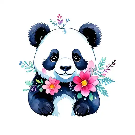 panda with flowers and northern lights shining tattoo design idea