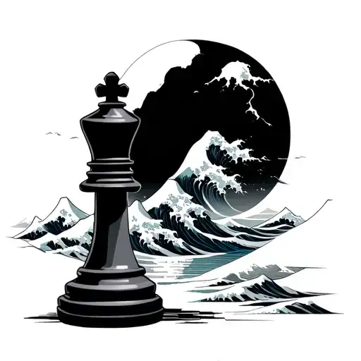 pawn with shadow of a king chess piece. mountain range. wave of kanagawa tattoo design idea