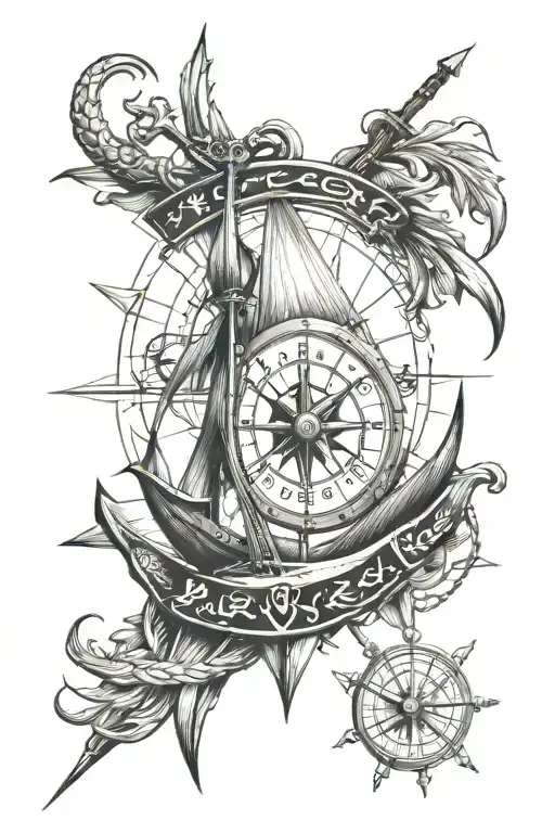 Anchor, Viking longship sailing, compass rose surrounded tattoo design idea