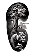 I want an upper arm wrap, of the name Robinette vertically down the bicep, an oak tree across outside arm with a panther tattoo design idea