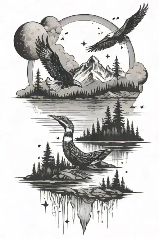 nature mountains forest lake loons stars moon tattoo design idea