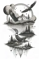 nature mountains forest lake loons stars moon tattoo design idea