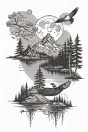 nature mountains forest lake loons stars moon tattoo design idea