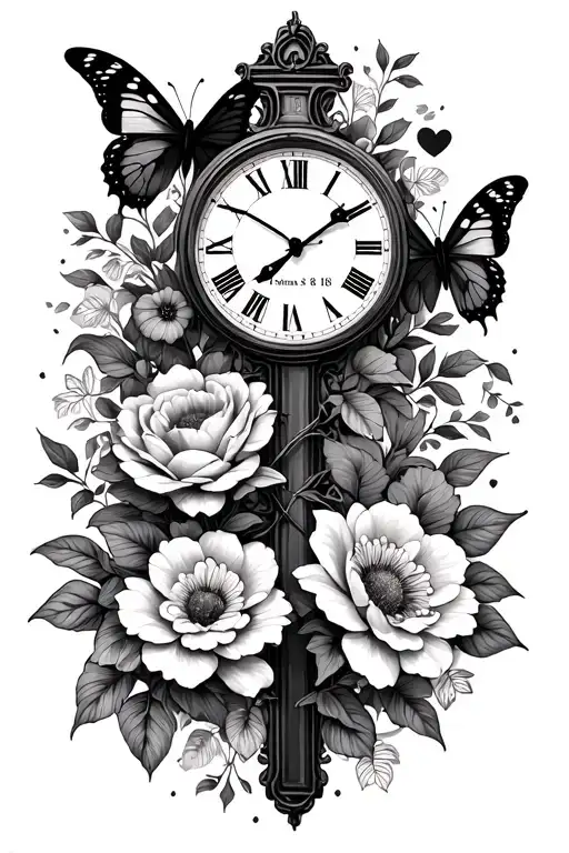 bible verse Romans 8:18, flowers and butterflies, cross, hearts, clock tattoo design idea