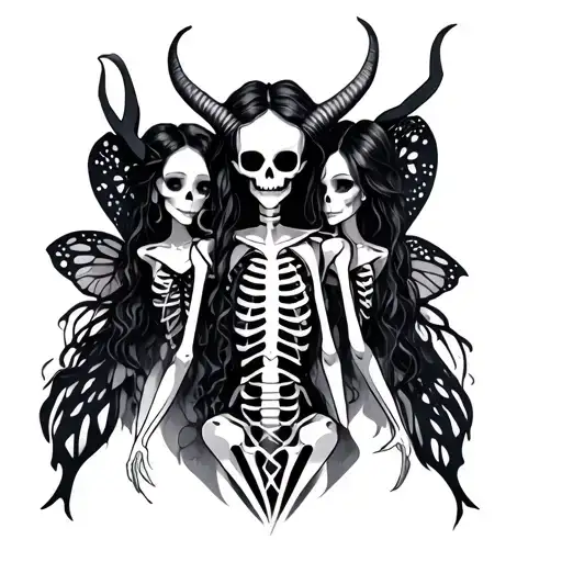 Geometric skeleton tattoo sketch of fairies with horns tattoo design idea