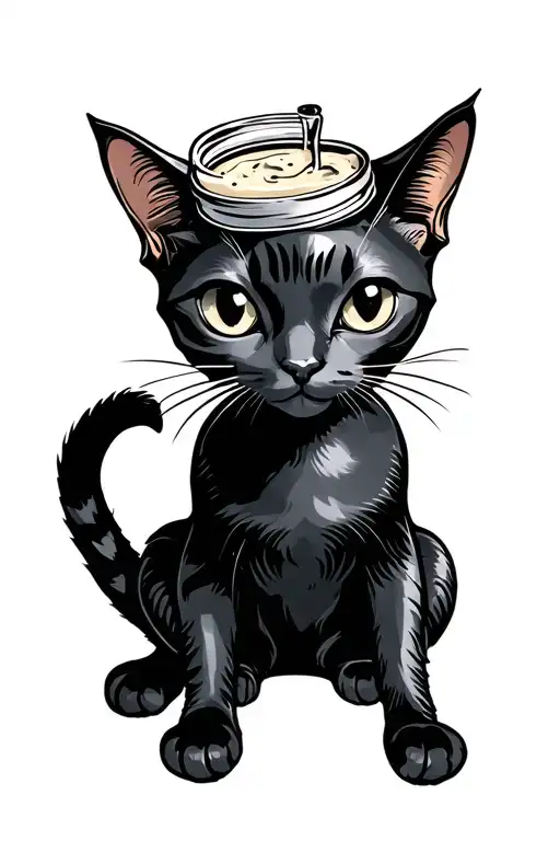 black skinny cat body sitting with mayo jar around it's head tattoo design idea