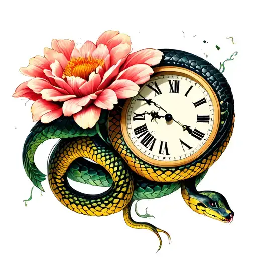 Broken Time Clock Being Pierced By A Snake That Is Shedding Its Skin And A Withered Flower Tattoo tattoo design idea