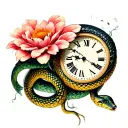 Broken Time Clock Being Pierced By A Snake That Is Shedding Its Skin And A Withered Flower Tattoo tattoo design idea