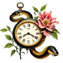 Broken Time Clock Being Pierced By A Snake That Is Shedding Its Skin And A Withered Flower Tattoo tattoo design idea