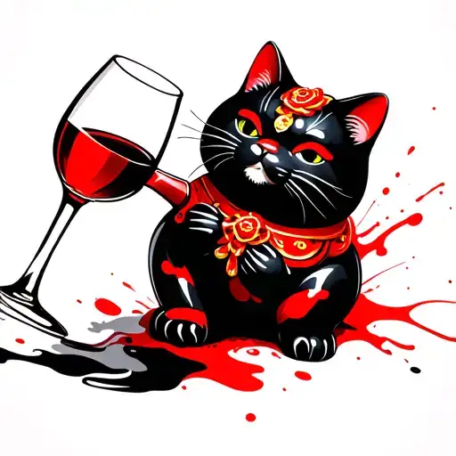 maneki neko cat drinking wine glass tattoo design idea