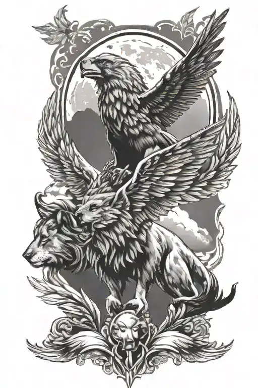 soaring eagle with lion and wolf howling at the moon tattoo design idea