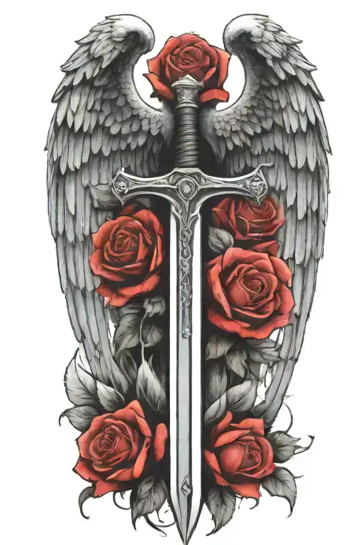 angel wings behind a sword, roses tattoo design idea