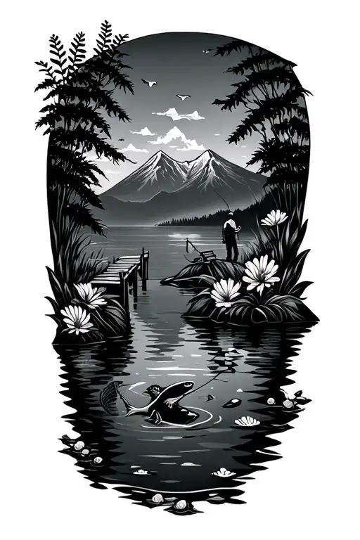 Underwater world with fish, amphibians, flowers, nature, a mountain that is reflected in the water, a jetty with an angler tattoo design idea
