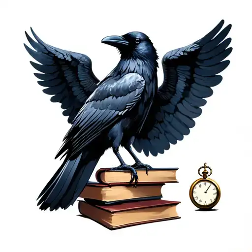 raven with wings unfurled perched on a stack of books with a pocket watch and a skul tattoo design idea
