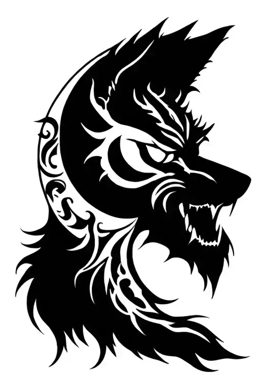 Wolf half oni mask with moon back ground tattoo design idea