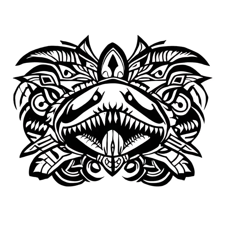 Enata, Tiki, Shark tooth, and Turtle elements in a Polynesian tribal design on left chest tattoo design idea