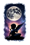 waxing gibbous moon with one tiny cherub baby silhouette in the galaxy tattoo design idea