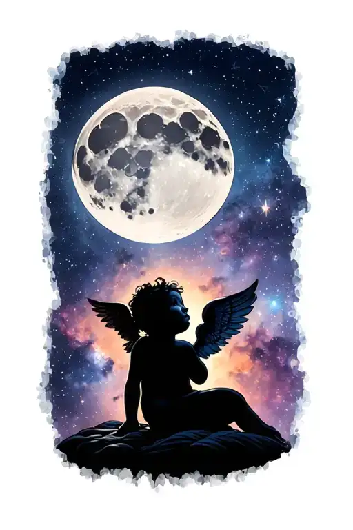waxing gibbous moon with one tiny cherub baby silhouette in the galaxy tattoo design idea