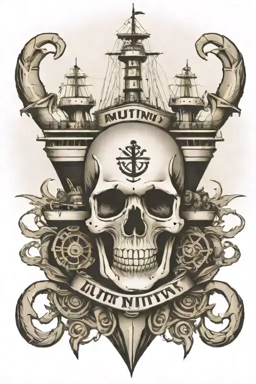 big container ship with stacks of containers with a skull and anchor below and with text below that says "mutiny" tattoo design idea