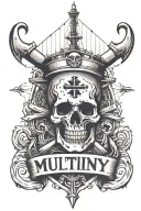 big container ship with stacks of containers with a skull and anchor below and with text below that says "mutiny" tattoo design idea