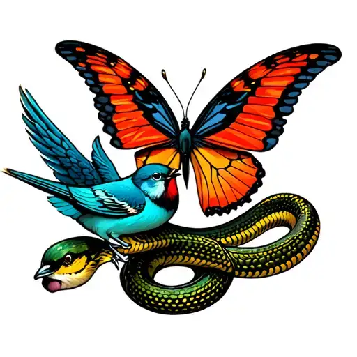 sparrow, butterfly, angel, viper snake tattoo design idea