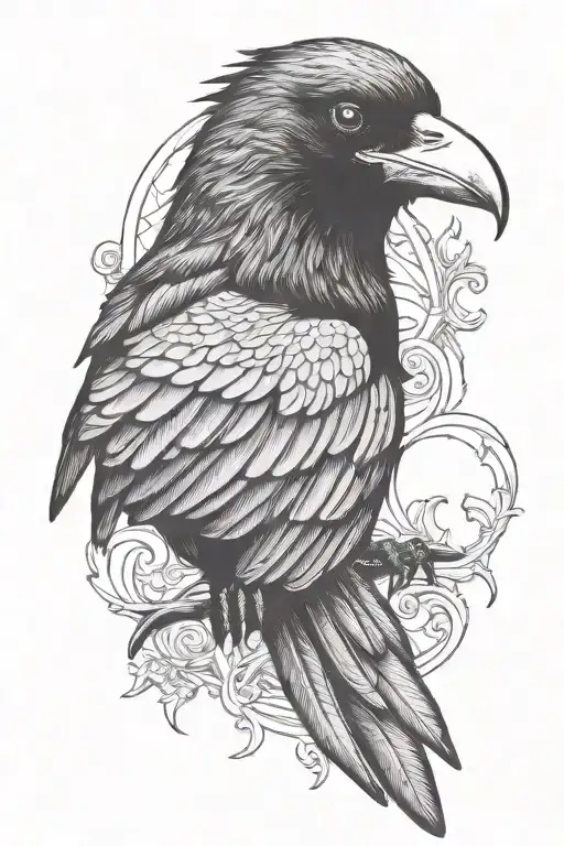 crow looking back with jester decals tattoo design idea