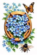 horseshoe with forget me not flowers a butterfly and a bee tattoo design idea