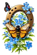 horseshoe with forget me not flowers a butterfly and a bee tattoo design idea