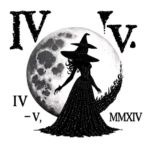 "IV - V - MMXIV" "IV - V - MMXIV" "IV - V - MMXIV" sexy witch bride silhouette over full moon tattoo design idea