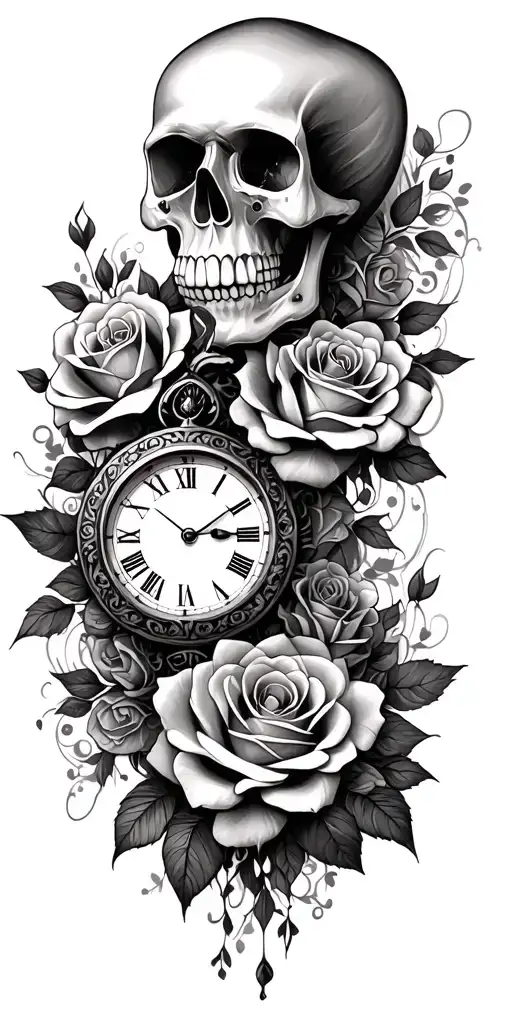 girly skull, roses and clock face tattoo design idea