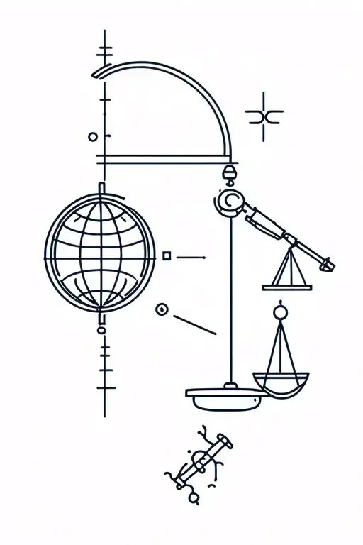 minimalist fine line work connecting small pieces including head, globe, weighing scales, telescope and straight line  tattoo design idea