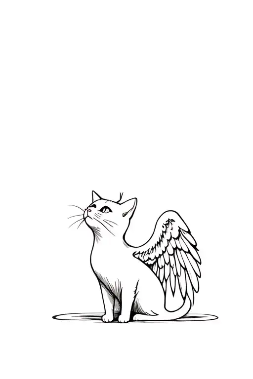 fluffy skinny white cat sitting and looking up to the side with angel wings that aren't open I'm  tattoo design idea