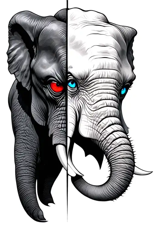 elephant face half evil with red eye and half nice with blue eye  tattoo design idea