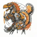 A tattoo combining elements from Horizon Zero Dawn, Cyberpunk 2077, and God of War Ragnarok in a futuristic space setting tattoo design idea