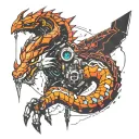 A tattoo combining elements from Horizon Zero Dawn, Cyberpunk 2077, and God of War Ragnarok in a futuristic space setting tattoo design idea