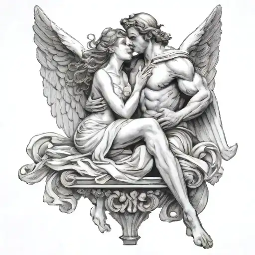 greek muscular male angel holding delicate woman simple tattoo design idea