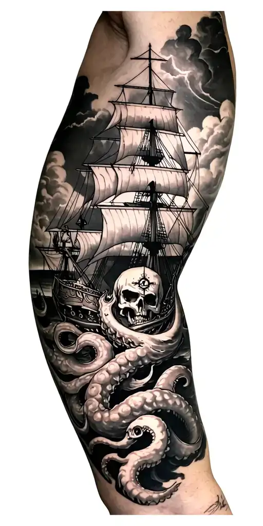 pirate ship sleeve being devoured by the kraken with compass and Poseidon over watching in the clouds. and fill work to  tattoo design idea