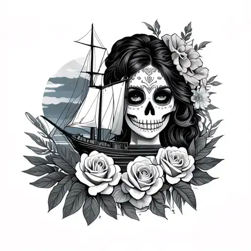 Hawaiian with a day of the dead female roses and a ship tattoo design idea
