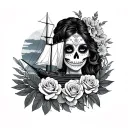 Hawaiian with a day of the dead female roses and a ship tattoo design idea