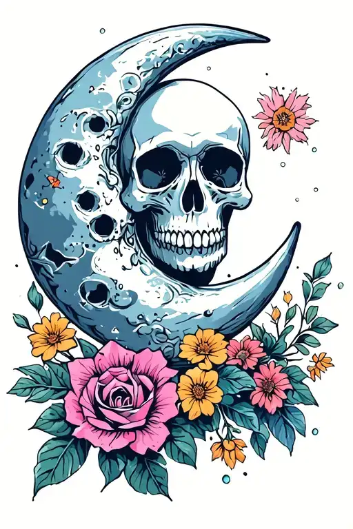 moon with a skull and flowers tattoo design idea