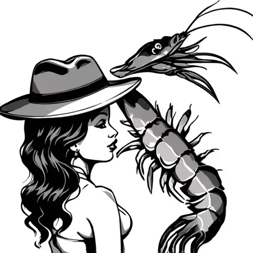 woodcutting of a whole pipeline and womanizer steering shrimp wearing a panama hat flirting with a beautiful tattoo design idea
