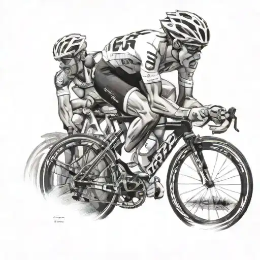 A black-and-white tattoo-style illustration of Remco Evenepoel celebrating his iconic cycling victory. He stands confide tattoo design idea