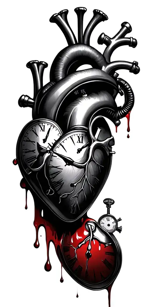 metal heart with blood pumping into pocket watches tattoo design idea