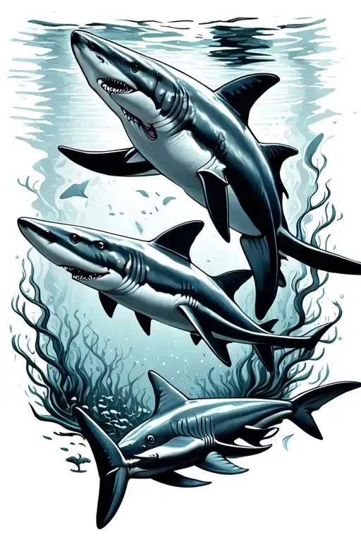 underwater scene featuring sharks swimming tattoo design idea