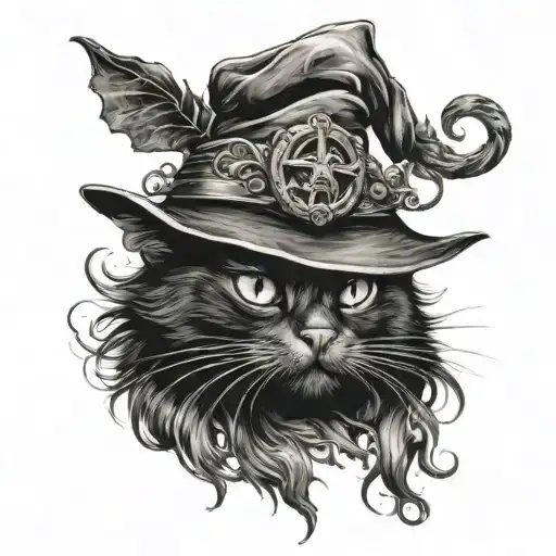 black cat witch hat tattoo design idea