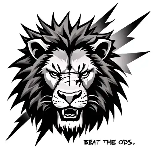scary lion head with scar down 1 eye.  lightening bolts in the background. then a quote saying " beat the odds "  tattoo design idea