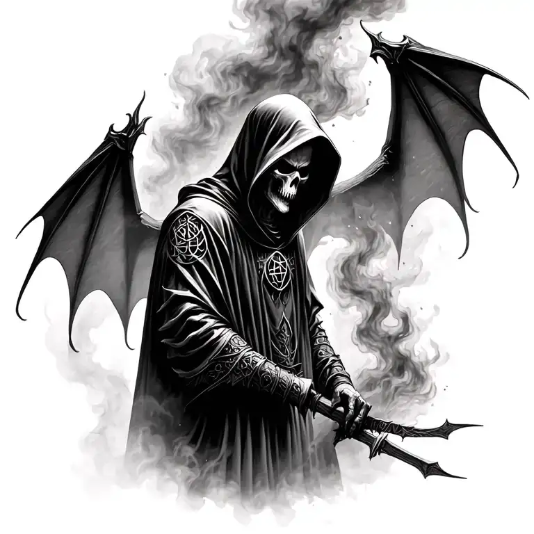 hooded reaper silohuette, smoke, fire, scary, bat wings, Viking runes, kenaz rune tattoo design idea
