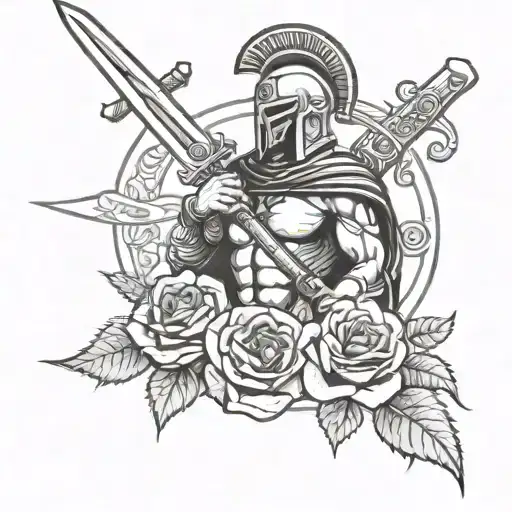 spartan holding sword and roses with a cross  tattoo design idea
